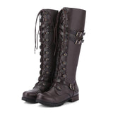 Breakj Boots Round Head Belt Buckle Flat-Bottomed Long Boots Women Autumn And Winter New Rivet Tie With High-Spring Knight