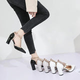 Summer Footwear High Heels T Strap Rivet Pumps Chunky Heels Sandal Patent Leather Dress White Wedding Shoes Ladies