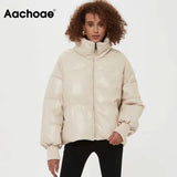Women PU Faux Leather Parka Coat 2021 Winter Zipper Hooded Padded Jacket Female Long Sleeve Pockets Thick Warm