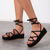 Women Gladiator Cross Tie Sandals Ladies Casual Open Toe Shoes Female Thick Bottom Platform Comfortable Flat Big