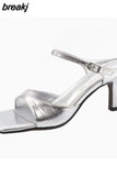 Size 33-41 Women Sandals Summer High Heels Shoes For Women Mules Genuine Leather Buckle Party Slippers Open Toe