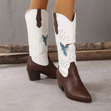 Western Women Boots Brand Chunky Heeled Autumn Retro Embroider White Cowboylid Calf Long Boots Lady Big Size Shoes