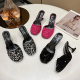 Slippers Female 2023 Summer Show Sequins Round Head Thin With High With Baotou Back Fashion Casual Half