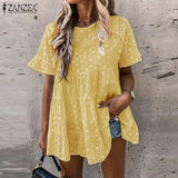 Bohemian Lace Patchwork Tops Women's Summer Blouses ZANZEA 2022 Casual Short Sleeve Blusa Female Hollow Peplum