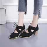 Breakj Spring And Summer New Thick Heel High Fashion Single Shoes 42 Large Size Lace Hollow Carved Women's