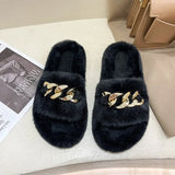 Fluffy Women slippers Gold Chain Fur slippers Shoes Women Fox Fur Flip Flop Flat Furry Fur Slides Outdoor Sandals