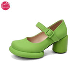 Strange Style Round High Heels Mary Jane Shoes Women Strap Buckle Platform Fashion Lychee Pattern Pumps Green Yellow White