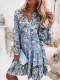 Fashion Flare Sleeve Women Party Dress Spring Vintage Floral Print Loose Dress Lady Elegant V Neck Ruffle Beach Pullover
