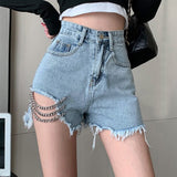 Summer New Women Chain Splicing Denim Shorts Lady Fashion Casual Wide Leg Pants Solid Color High Waist Loose A-line