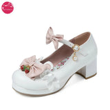 Womens Mary Jane Chunky Heel Closed Toe Platform Pumps with Strawberry Contrast Bows Sweet Lolita Cosplay Wedding Shoes