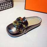 Women Slipper Low Heels Casual Slides Flip Flop Round Toe New Arrival Brand Design Gold Chain Closed Slip On Shoes