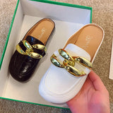 Women Slipper Low Heels Casual Slides Flip Flop Round Toe New Arrival Brand Design Gold Chain Closed Slip On Shoes