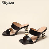 New Design Metal Strange High Heels Summer Women Slipper Elegant Square Toe Slip-On Sliders Shoes Ladies Sandals Size