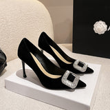 Buckle Diamond Black High Heels Women's 2023 Spring And Autumn New Professional Pointed French