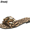 Women's Flip-Flops Square Toe Female Slippers Summer Shoes for Women Leopard print Chain Sandals Causal Slides Lady