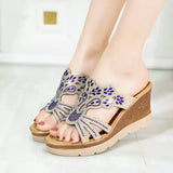 / Summer 2023 New Fashion Rhinestone High Heel Slope Sandals Slippers Women's Loose Cake Thick Bottom One-Word Drag