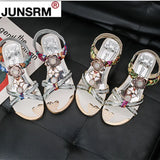 Sandales multicolor print weave strap sandals women summer beach shoes woman crystal flower open toe wedges