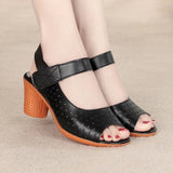 Breakj Sandals Women 2025 Summer New Leather Face Hollow Coarse Heel Cave Sandals Breathable External Wear Women's Shoes