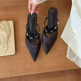 Breakj Summer New Fine Heel High Heels Pure Color Flower Pointed Sandals Sweet Sexy Back Empty Slippers