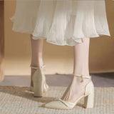 Temperament Socialite High Heels Baotou Thick Heel Sandals Female 2023 New Summer One Word Belt Hollow Single Shoes Bridesmaid