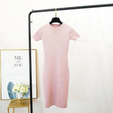 New Women Stretch Knitted Midi Dress Summer Spring Lady Casual O-neck Slim Knitting Bodycon Dresses Vintage