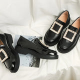 Crystal metal buckle oxfords british small leather shoes women 2023 slip on flats thick heels matte&shiny leather