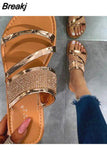 2023 New Women Gold Silver Flats Slip-On Sandals Bling Rhinestone Narrow Band Slippers Outdoor Beach Shoes Casual