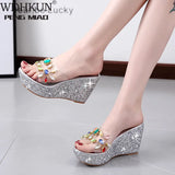 2020 Women Transparent Clear Crystal Sequins Platform Wedge Thick Sole Sandals High Heels Mules Slides Summer Beach