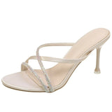 2021 Champagne Strappy Heels Sandals Women High Heels Flip Flops Square Toe Slides Party Shoes New Zapatista De Mujer De