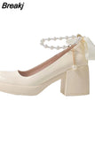 High Heels Mary Jean Pumps Shoes 2023 Fashion Spring Summer French Style Vintage Elegant Bowknot Pumps Comfy Walking