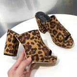 Leopard Women Slippers Square High Heels Black Pink Concise Top Quality Casual Women Mules Shoes Women Peep Party