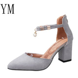 Summer Women Shoes Grey Pointed Toe Pumps Sting Bead Dress Shoes High Heels Boat Shoes Wedding Shoes tenis feminino Side with