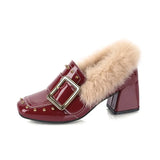 High Heel Casual Shoes Fashion Fur Decoration Rivet Pumps Buckle Office Ladies Shoes Warm Women Party Wedding Fur