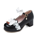 Womens Mary Jane Chunky Heel Closed Toe Platform Pumps with Strawberry Contrast Bows Sweet Lolita Cosplay Wedding Shoes