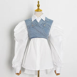 Casual Korean Suit For Women Lapel Puff Sleeve Shirt Denim Cross Vest Elegant Two Piece Sets Female 2020 Fall