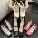 5CM Silver Thick Heels Mary Jane Shoes Women Buckle Strap Square Toe Pumps Woman Med Heele Patent Leather Shoes