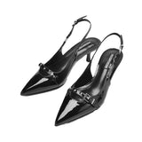 Breakj Temperament Low-Heeled Women's Shoes French Famous Feng Feng Pointed Sexy Single Shoes Rivets A Word Patent Leather High