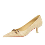 Breakj Women's Shoes Fine Heel With Shallow Mouth Pointed Retro Stone Grain Patent Leather Metal Leather Buckle Single