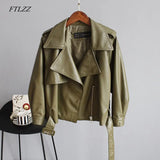 New Autumn Pu Motorcycle Faux Soft Leather Women Jacket Coat Turn-down Collar Long Sleeve Epaule Female Loose Short