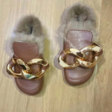 Fur Slippers Loafer Chunky Golden Chains Women Leather Ladies Kopmkp Luxury Mule Sandal Indoor Winter House Shoes Zapato