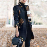Winter New Fashion Women Stand Collar Print Jackets Casual Long Sleeves Elegant Office Lady Cardigan Slim Buttons Jackets 1020