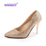 Women Wedding Shoes Silver Gold Dress Shoes Pointed Toe Thin Heels Woman Sequined Cloth High heels Glitter Pumps Boat