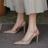 Breakj Rivets Thin Heel Non-Tiring High-Heeled Shoes Women 2025 Summer New Pointed Single Shoes Outside Wearing Empty Sandals Behind The