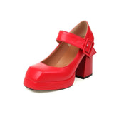 Top Qulaity Women Pumps New Spring Autumn Square High Heel Platform Black Red White Retro Mary Janes Japanese Dress Party