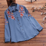 Women's Embroidery Blouse 2022 ZANZEA Elegant Denim Blue Shirts Long Sleeve Chemise Female Button Down Blusa Tunic