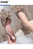 Women Flat Heel Crystal Shoes Pearl Flats Party Spring Summer Pointed Toe Slip On Sexy V Mouth Lady Weekends Loafers
