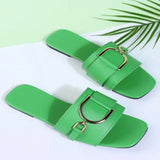 Breakj Color Large Square Head Metal Buckle Fluorescent Flat-Bottomed Slippers Women's Shoes Fashion