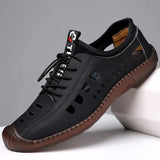 Men's Leather Casual Shoes Soft Bottom Men's Handmade Stitching Hollow Sandals Breathable Outdoor Work Shoes for