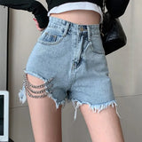 Summer New Women Chain Splicing Denim Shorts Lady Fashion Casual Wide Leg Pants Solid Color High Waist Loose A-line