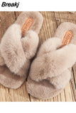 Women Warm Fluffy Slippers Cozy Faux Fur Cross Indoor Floor Slides Flat Soft Furry Ladies Female Celebrities Flip